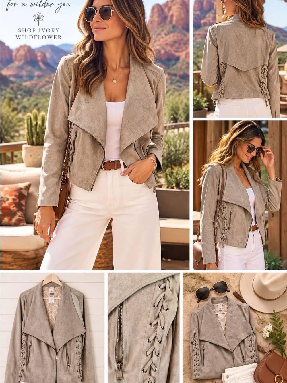 Willow Root Suede Lace-Up Taupe Women's Moto Jacket